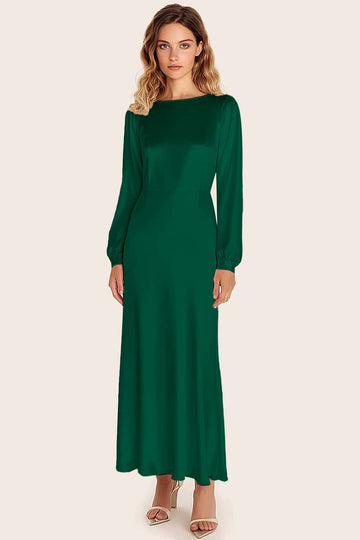 Black Satin Boat Neck A-Line Long Formal Dress with Long Sleeves